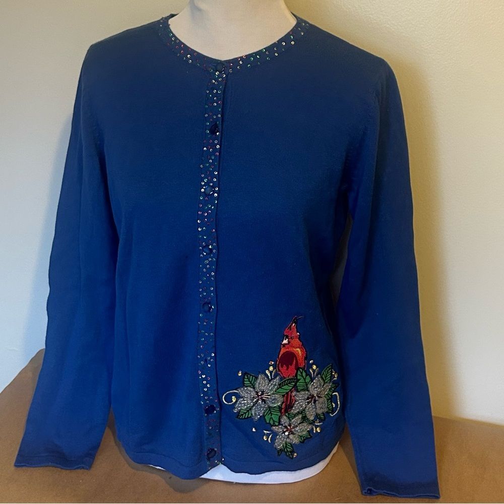 NWT Embellished Christmas Sequin Embroidered Ribbed Cotton Cardigan Cardinal S